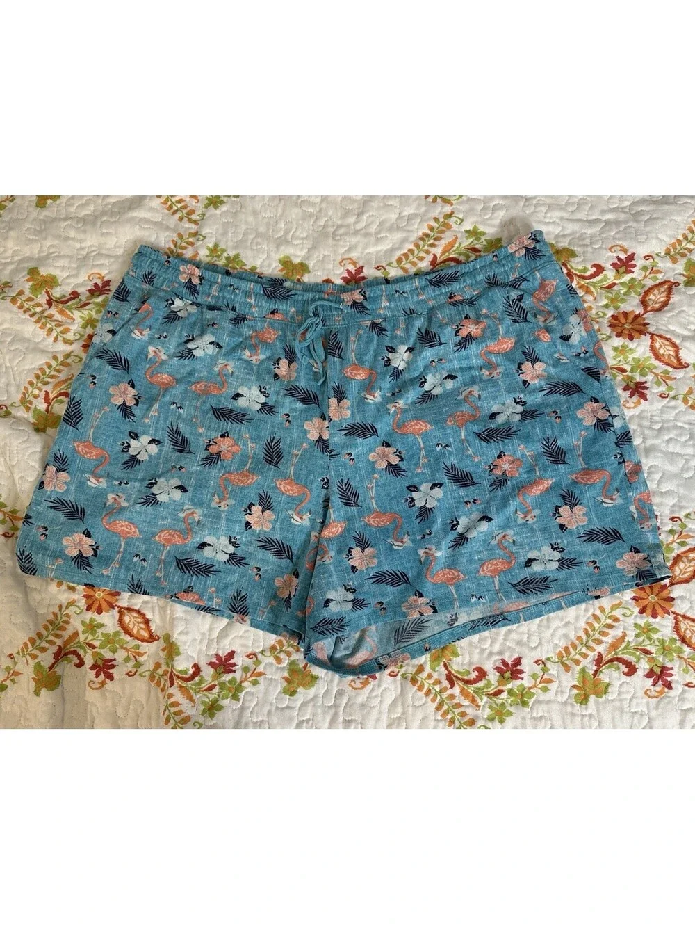 Croft Barrow 2 Pc Blue PJ Set Flamingo Coastal Print Shorts & Tank Pockets 2X